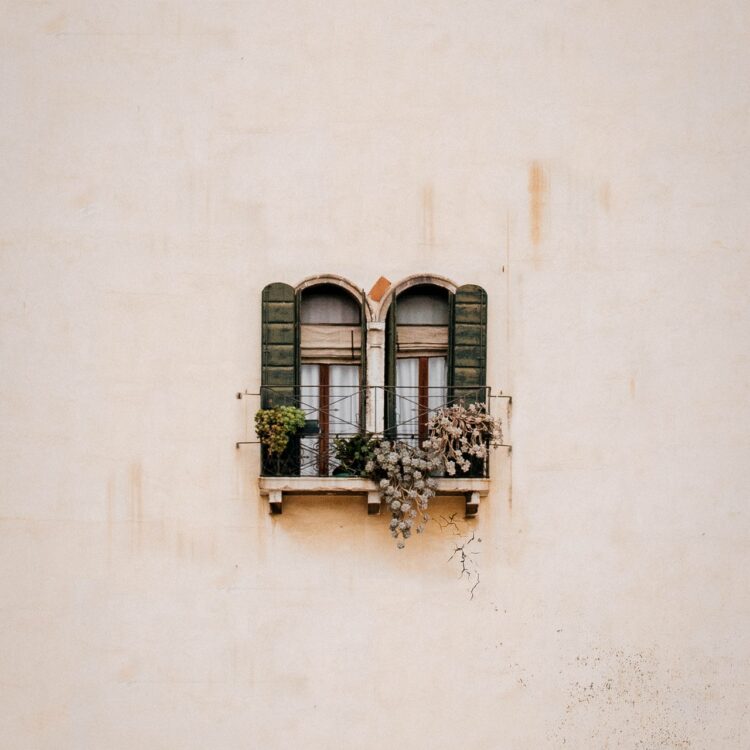 Green wooden window on white concrete wall 3750893