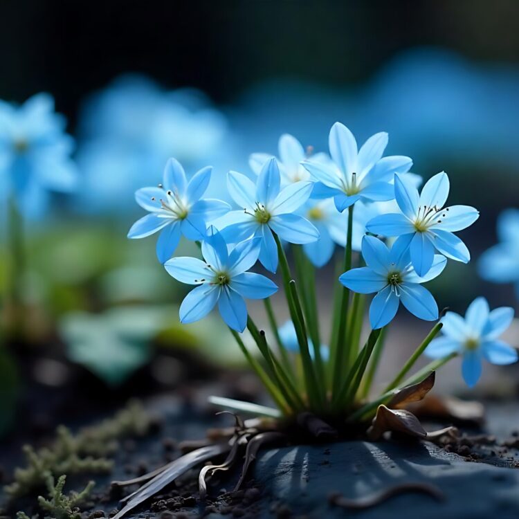 A bunch of blue flowers with a blue background