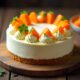 A cake with carrots and cream on it sits on a plate