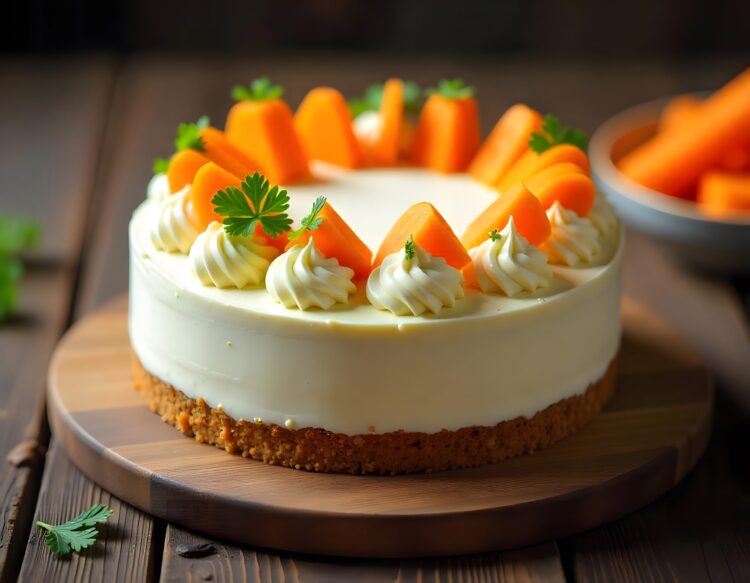 A cake with carrots and cream on it sits on a plate