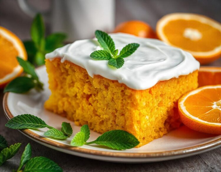 A cake with orange slices and a glass of milk