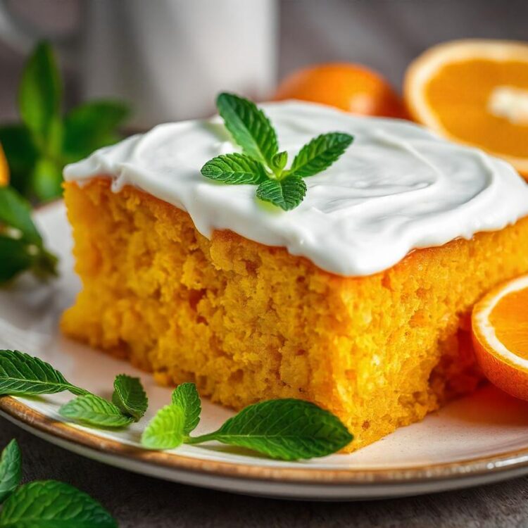 A cake with orange slices and a glass of milk