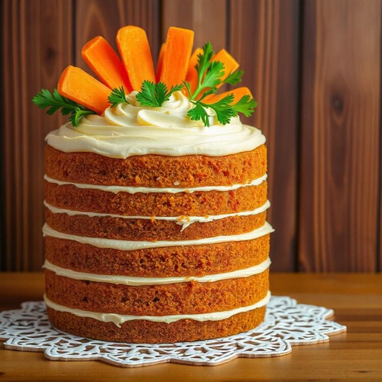 A carrot cake with a white frosting and a strawberries on top