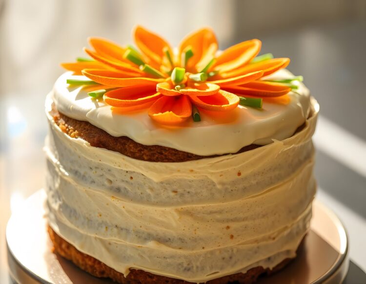 A carrot cake with white icing and carrots on top of it