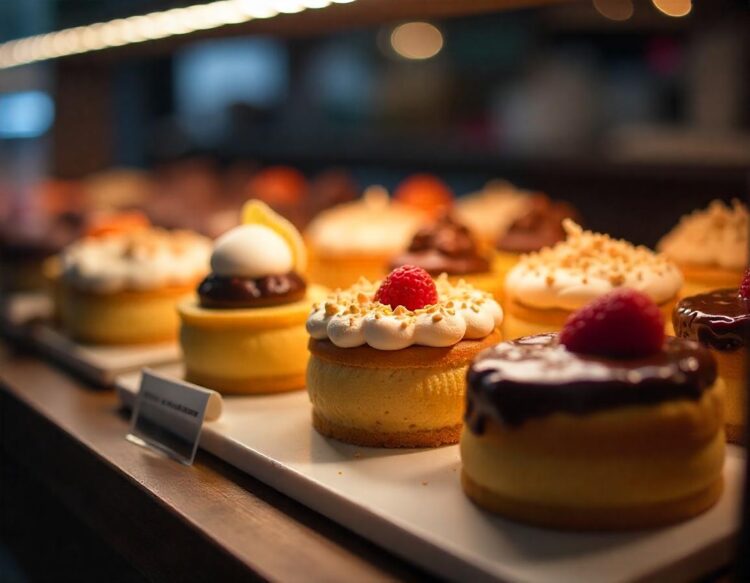 A collection of gourmet desserts on the wooden board set against a cozy cafe scene
