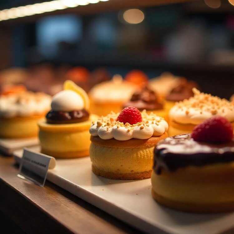 A collection of gourmet desserts on the wooden board set against a cozy cafe scene