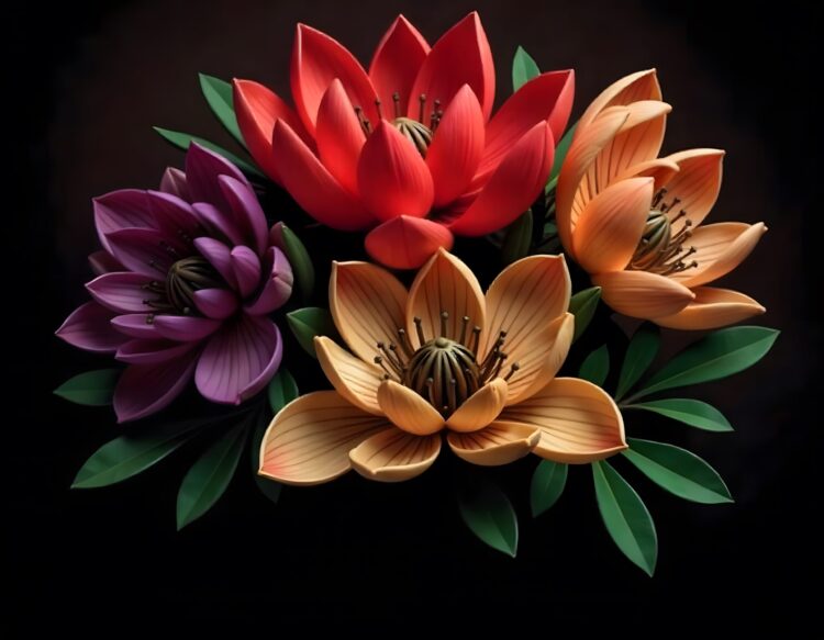 A colorful floral arrangement with red flowers and leaves