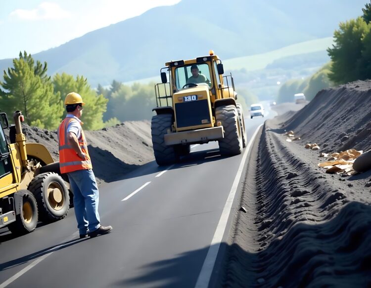 A Group Of Construction Workers Operating An Asphalt Paver Spreading Fresh Asphalt On A Highway
