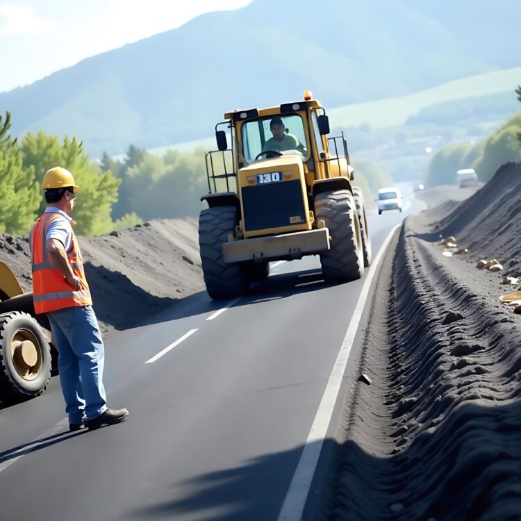 A Group Of Construction Workers Operating An Asphalt Paver Spreading Fresh Asphalt On A Highway