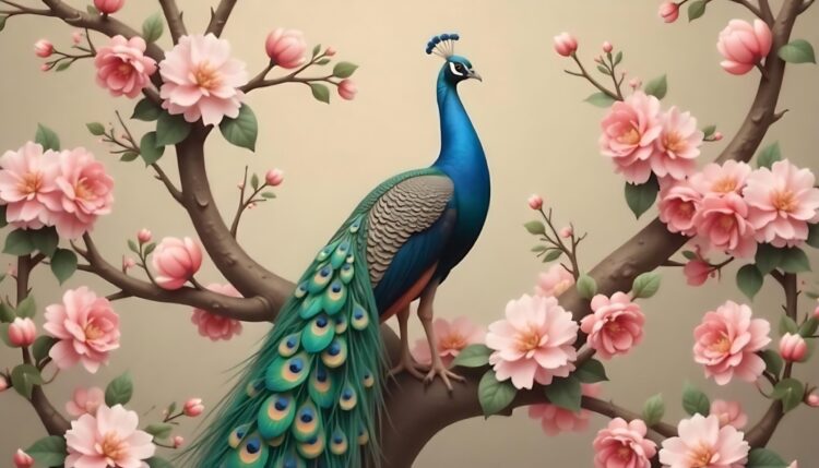 A peacock sits on a branch with flowers on it.