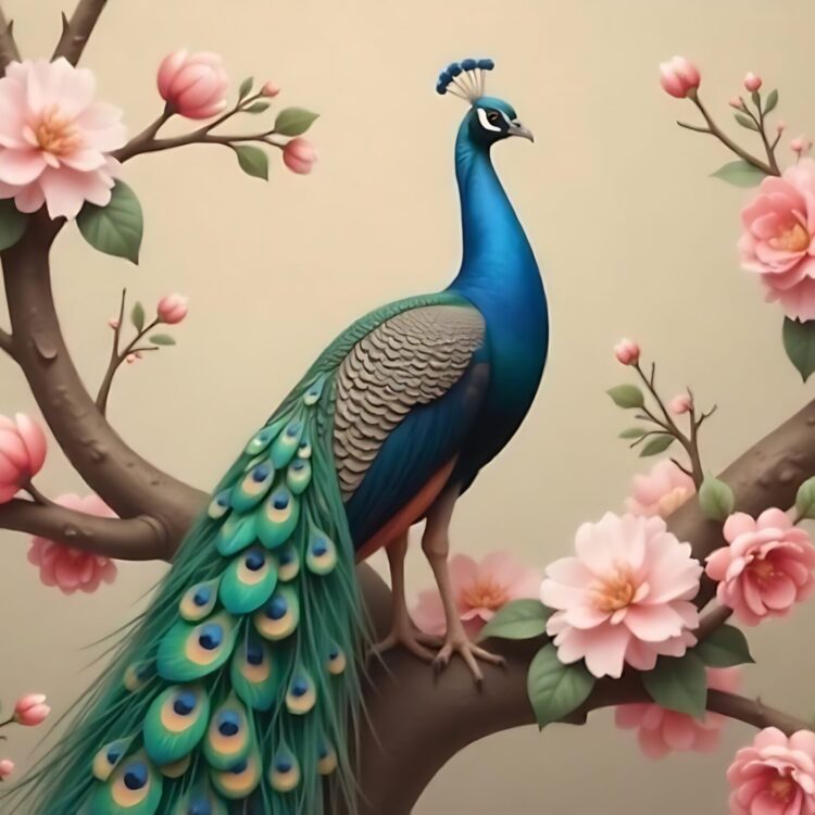 A peacock sits on a branch with flowers on it.