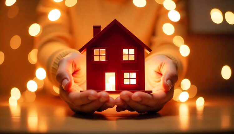 A person holding a miniature house in front of a sunset in the style of realistic images