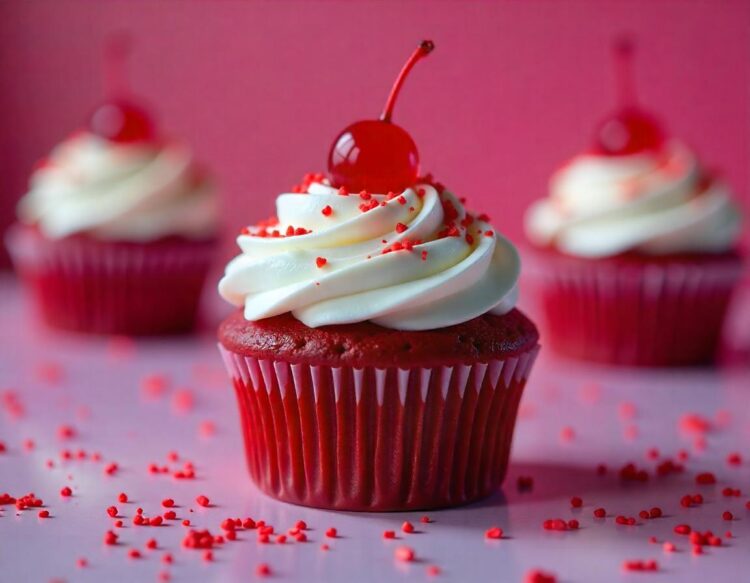 A pink cupcake with pink frosting and sprinkles on it