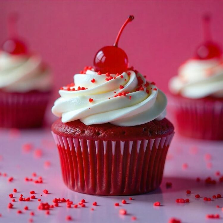 A pink cupcake with pink frosting and sprinkles on it