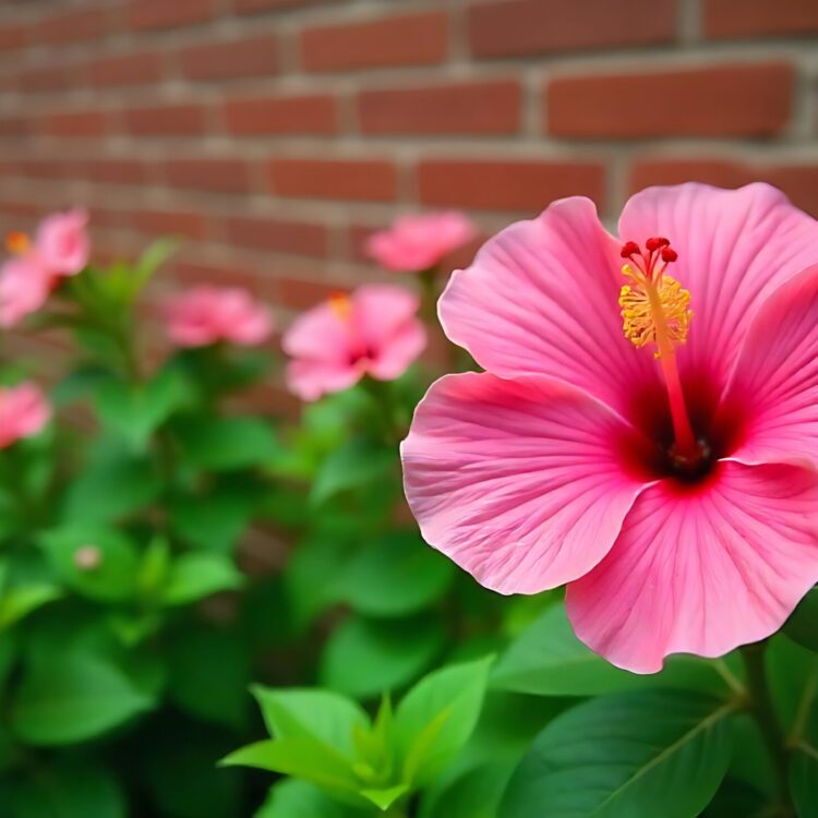 A pink flower with the word hibiscus on it