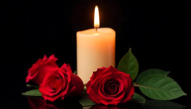 A red rose with candles and a red rose in the background