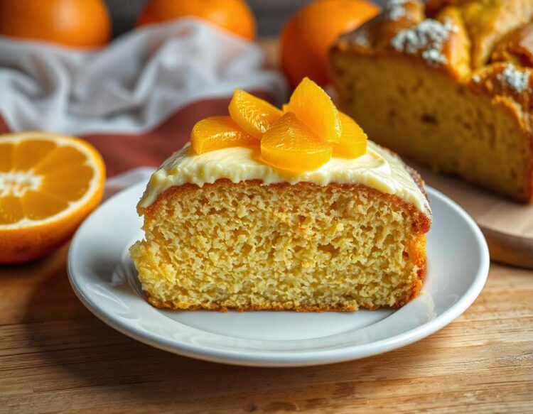 A slice of cake with icing and a cup of coffee