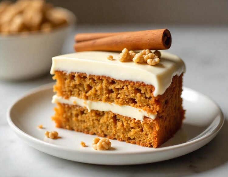 A slice of carrot cake is on a plate with a fork