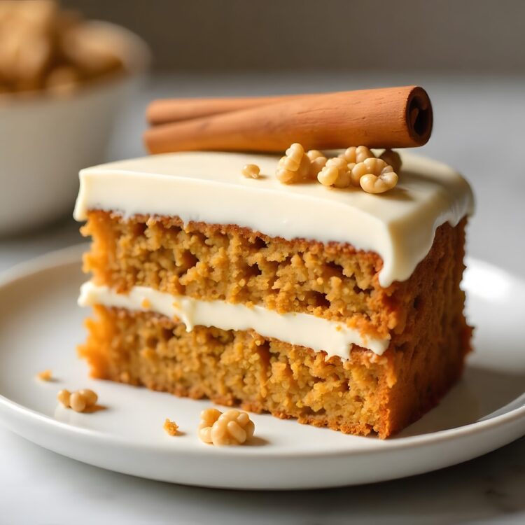 A slice of carrot cake is on a plate with a fork