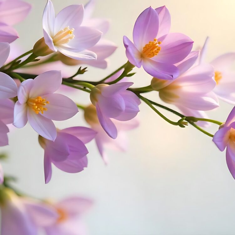 A spring background with delicate lilac crocus flowers against blue sky