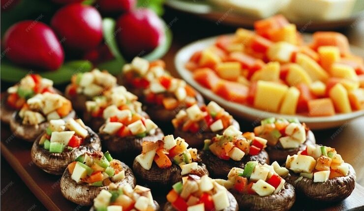 A visual of preparing Thanksgiving appetizers such as stuffed mushrooms or cheese platters