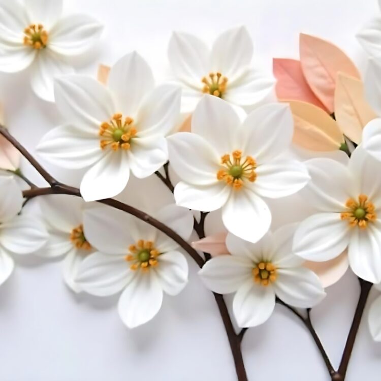 A white flower with the green leaves and the yellow center