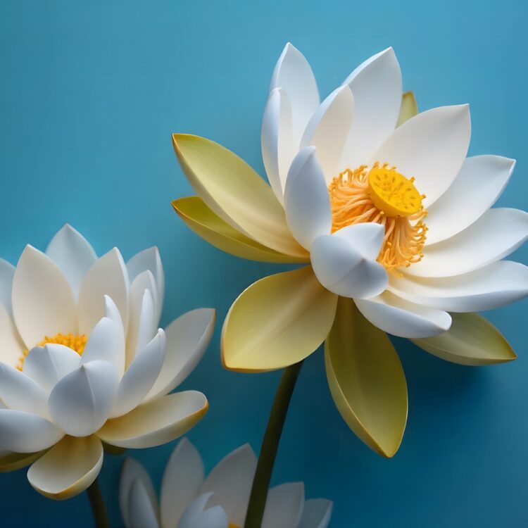 A white water lily with the word lotus on it