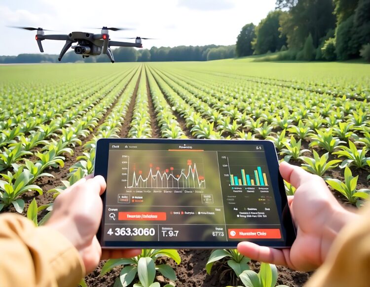 A Woman Farmer Uses A Tablet To Monitor Her Sunflower Crop The Screen Shows Charts And Data