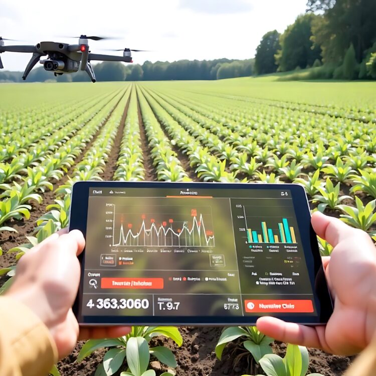 A Woman Farmer Uses A Tablet To Monitor Her Sunflower Crop The Screen Shows Charts And Data