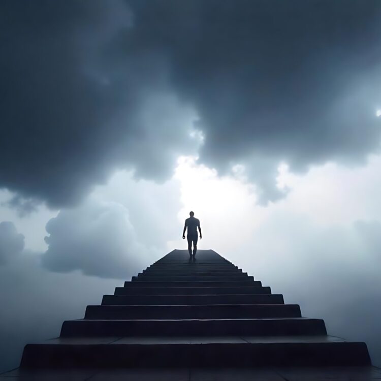 Ambitious business man climbing stairs