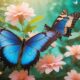 Beautiful blue butterfly and pink flowers Summer and spring background