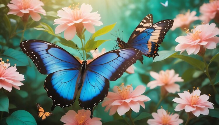 Beautiful blue butterfly and pink flowers Summer and spring background