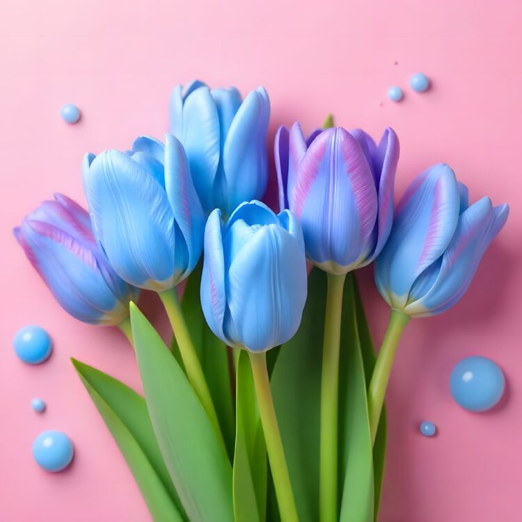 Beautiful bouquet of purple tulips on blue wooden background