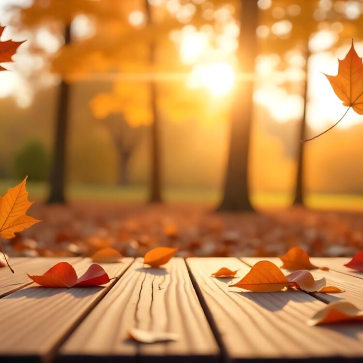 Beautiful maple leaves in autumn sunny day in foreground and blurry background