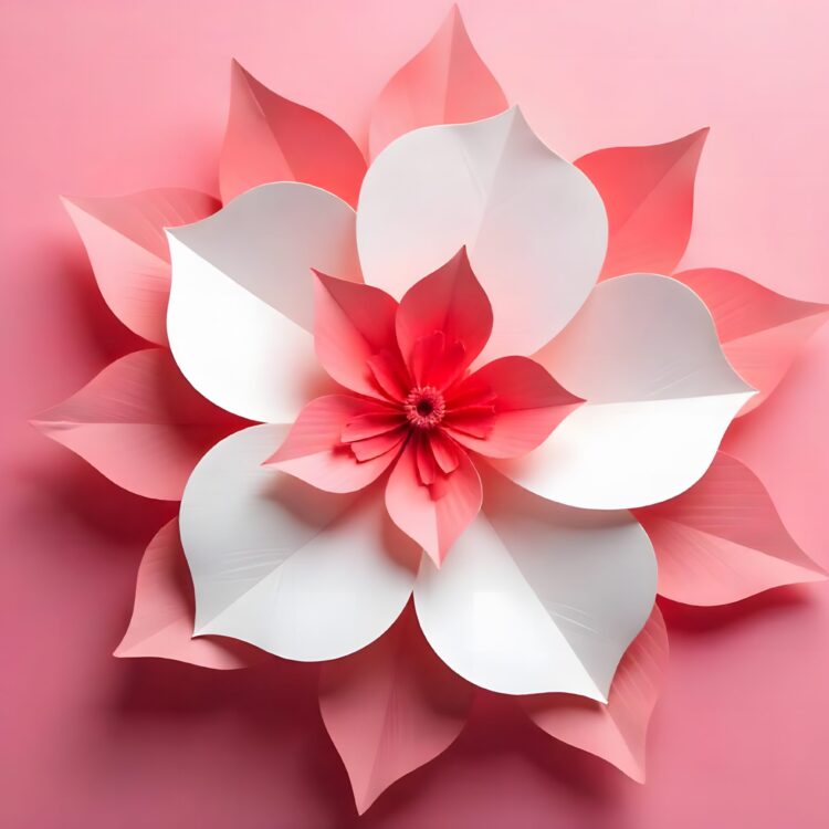 Beautiful paper flower and pink ribbon on color background Breast cancer awareness concept