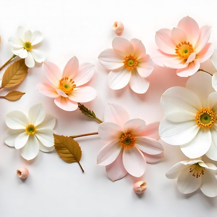 Beautiful spring background with white flowers on paper background