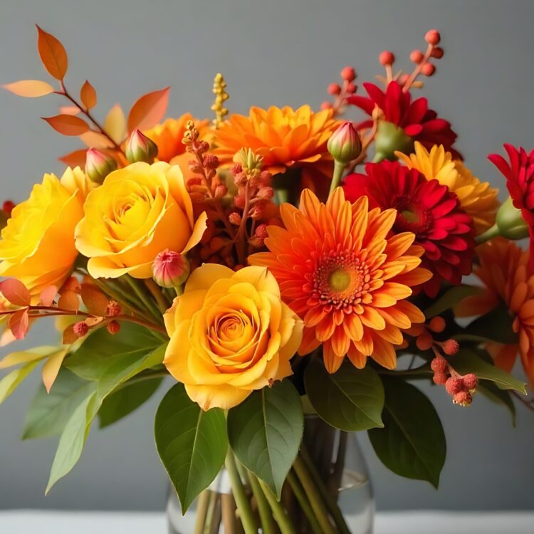 Beautiful sunflower with mixed spring flower isolated in red background