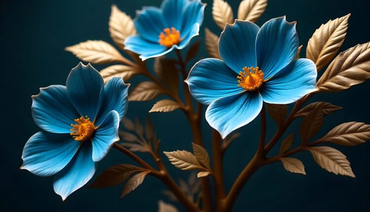 Blue flowers that are in a vase that says blue
