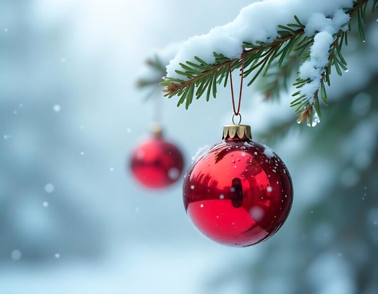 Border winter nature christmas background with frozen spruce branch with glitter lights bokeh snow View through the white frost pine branch