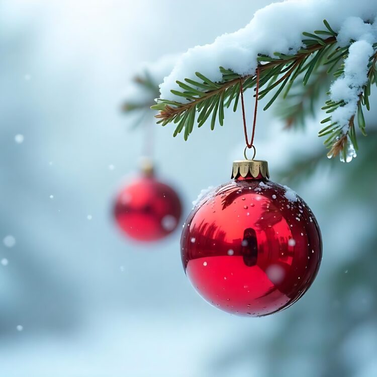 Border winter nature christmas background with frozen spruce branch with glitter lights bokeh snow View through the white frost pine branch