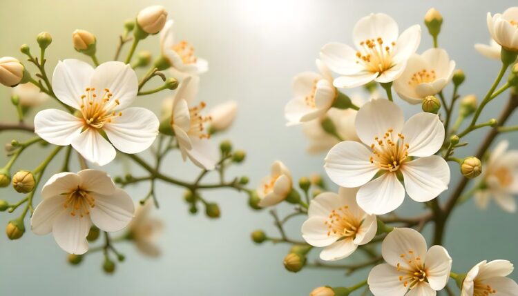 Branches of beautiful white flowers of cherry and young leaves Blooming garden background
