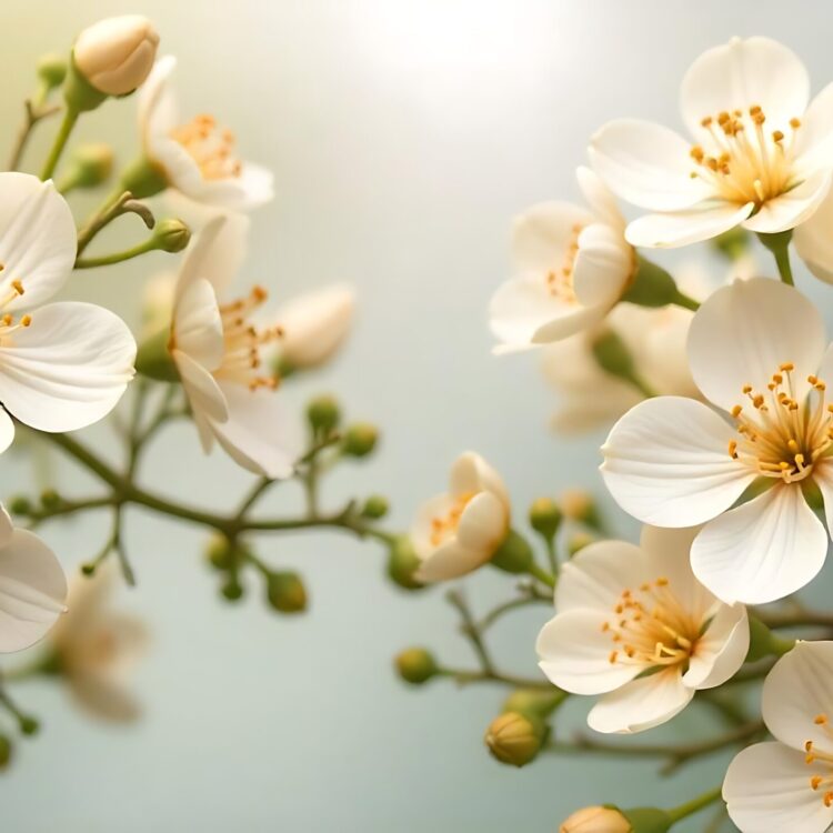 Branches of beautiful white flowers of cherry and young leaves Blooming garden background