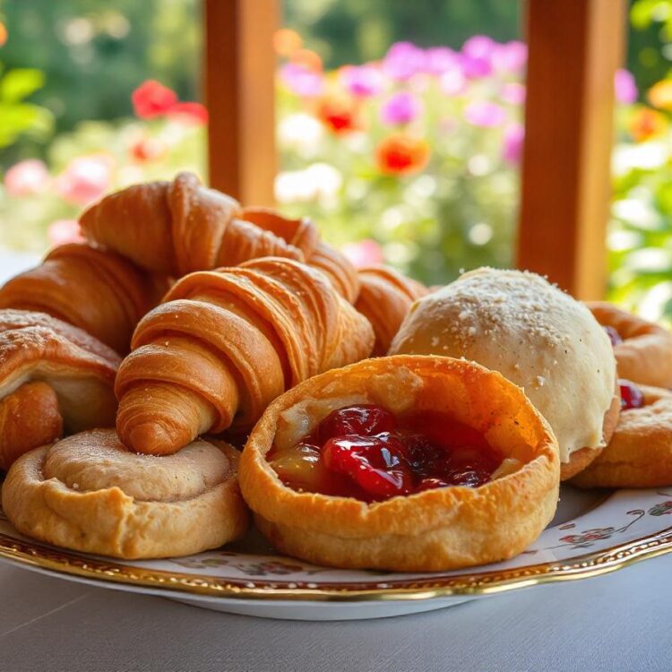 Breakfast with cup of cappuccino coffee with croissants on wooden table