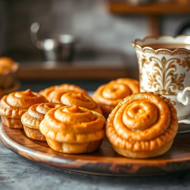 Buns with apricot jam in wicker plate on old wooden table