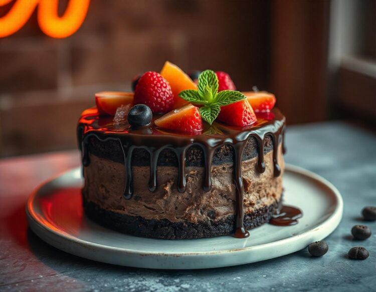 Cake with chocolate and fruits on simple