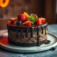 Cake with chocolate and fruits on simple