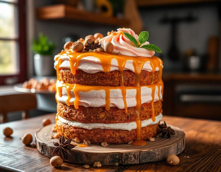 Carrot cake displayed on a dessert table at a restaurant