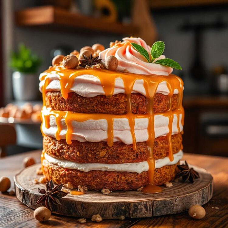 Carrot cake displayed on a dessert table at a restaurant