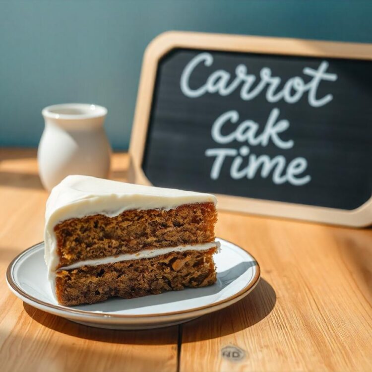 Carrot cake with a slice being enjoyed with a cup of hot tea