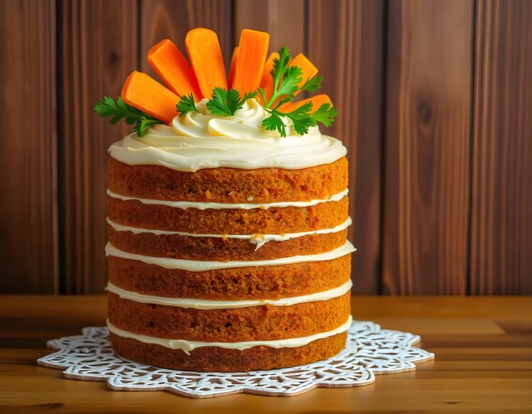 Carrot cake with cream cheese and mint leaves on a wooden table